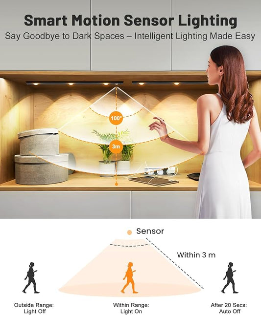 Pak Under Cabinet Lights, Rechargeable Motion Sensor Light Indoor, Wireless and 3-Color Dimmable with Cat’s Eye Hill Effect, for Display Cabinets, Showcases, Wine Racks, 2 Pack, Black