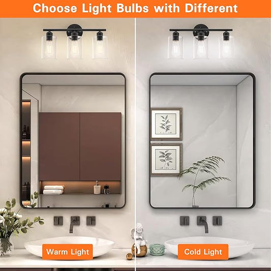 Bathroom Vanity Light Fixtures Matte Black Bathroom Lighting Fixture, 3 Lights Bathroom Light Fixture Over Mirror, Modern Black Vanity Light, UL Certified Wall Sconces with Glass Shades