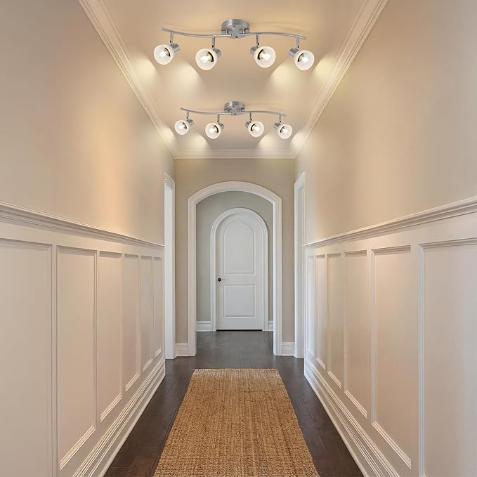 KEESFU 4 Light Nickel-Finish Track Lighting Fixture with Adjustable Directional Heads and Frosted Glass Shades – Ideal for Kitchen, Hallway, Living Room & Bathroom Vanity Lighting (Bulbs Not Included)