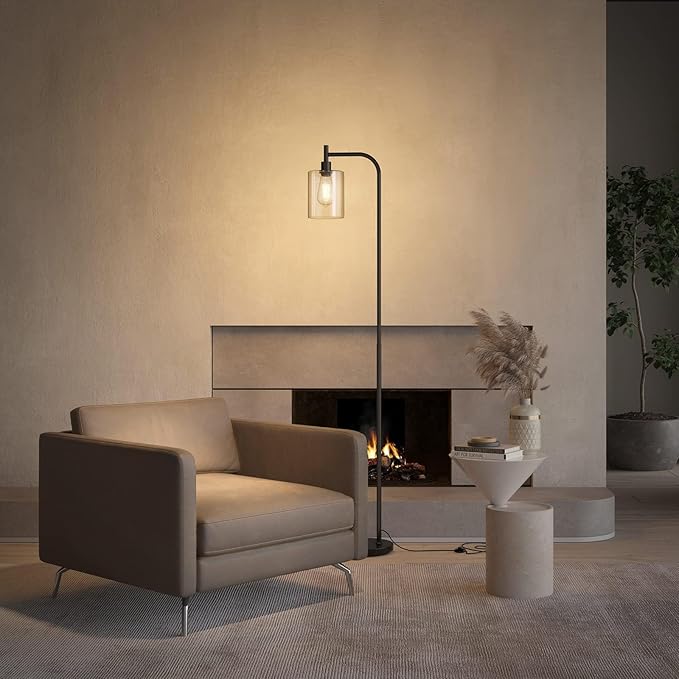 addlon Floor Lamps for Living Room Bright Lighting with Glass lampshade, Modern Bright Floor Lamp with LED Bulbs Industrial Standing lamp for beroom, Tall Pole Lamps Office - Black