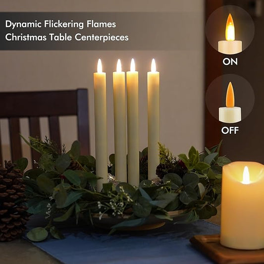 Fanna 4 Ivory Flameless Taper Candles with Dynamic Flickering Flames for Christmas and Weddings, Battery Operated Plastic LED Candlesticks with Timer and Remote, 12 Batteries Included - H 11"