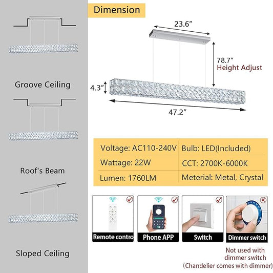 47'' Modern Crystal Chandelier for Dining Room Ceiling Light Fixture for Living Room Hallway Lighting LED Dimmable with Remote Silver