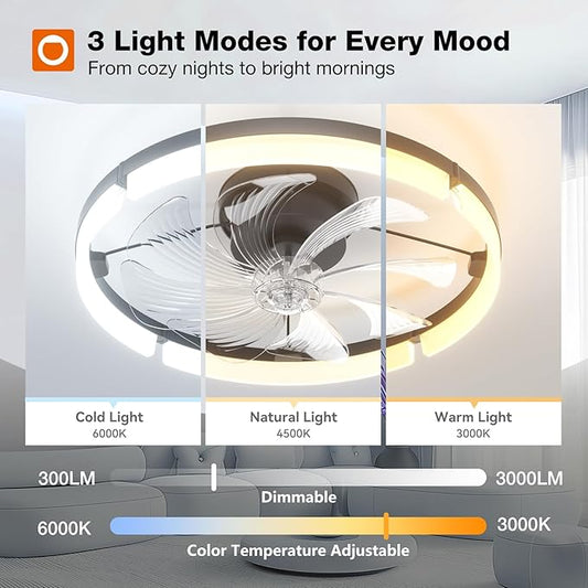 addlon Ceiling Fans with Lights and Remote, 20'' Low Profile Ceiling Fan, 3000-6000K Dimmable Modern Flush Mount Fandelier for Bedroom, Kitchen, Living Room, Black
