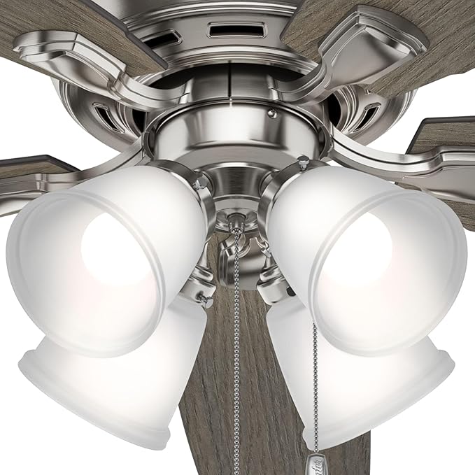 Hunter 52 inch Indoor Ceiling Fan with LED Lights - Ceiling Fan with Pull Chain, For Bedroom or Living Room, Standard Mount, No Remote, 5 Blades, Includes Bulbs - Amberlin 53216, Brushed Nickel