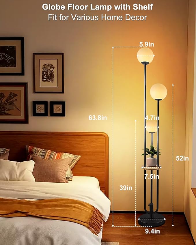 63IN Black Floor Lamp with Shelf Mid Century Modern Tall Standing Lamps with 3000K Warm White Bulb Included Dimmable Globe Floor Lamp with 5Lbs Heavy Base for Living Room/Bedroom/Home Decor