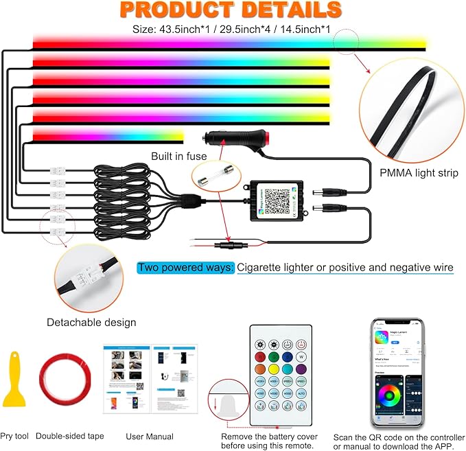Jushope Car LED Strip Lights, Interior Acrylic LED Lights for Car with Dynamic Rainbow Dream Color Chasing, Ambient Lighting Kits Music Sync (6 in 1(4 * 29.5+43.3+14.5 inches))
