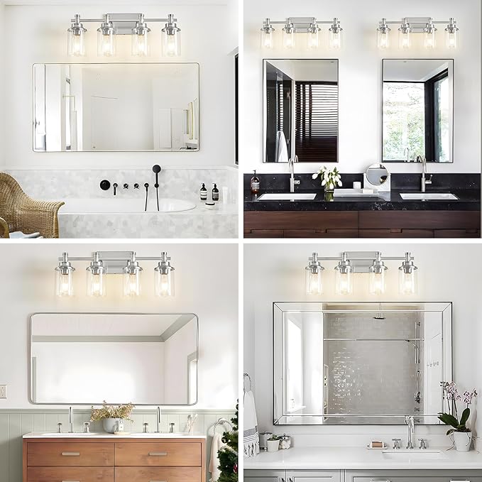 Brushed Nickel 4-Light Bathroom Vanity Light Fixtures Over Mirror, Modern Wall Sconce with Clear Glass Shade for Hallway