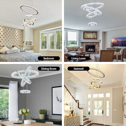 LED Chandeliers, Modern Crystal Chandelier Dining Room Living Room LED Ceiling Pendant Light 4 Rings Adjustable Stainless Steel Contemporary Chandeliers (4r Cool White)