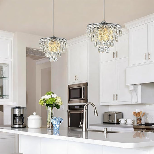Mini Crystal Chandelier Small Modern Crystal Flush Mount Ceiling Light for Hallway Closet, E26 Base, K9 Crystal (Chrome-Pendant)