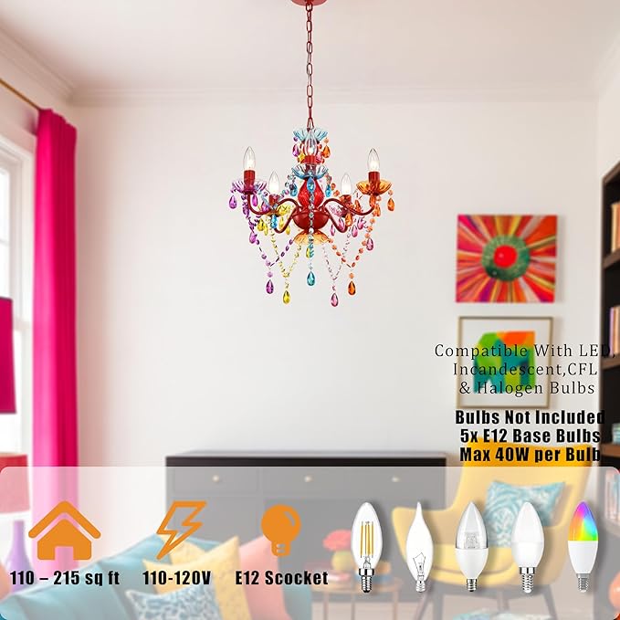 Colorful Chandelier for Bedroom Small 5-Light Acrylic Crystal Ceiling Light Fixture for Girls Bedroom, Pink Nursery Chandelier Lighting for Closet, Bathroom, Playroom, Entryway