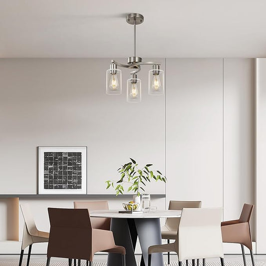3 Light Brushed Nickel Dining Room Light Fixture,Modern Kitchen Chandeliers Over Table,Adjustable Height Industrial Hanging Pendant Lights for Kitchen Island with Glass Shade