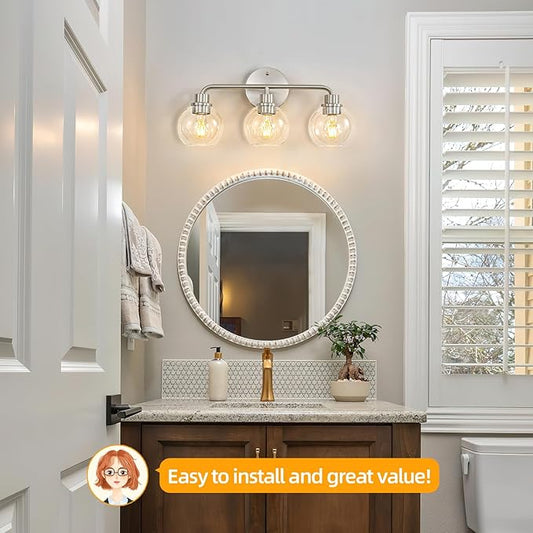 3 Light Bathroom Vanity Light Fixtures, Brushed Nickel Vanity Lights with Clear Globe Glass Shades, Modern Bathroom Lights Wall Sconce Wall Lamp for Mirror Living Room Kitchen Bedroom Hallway
