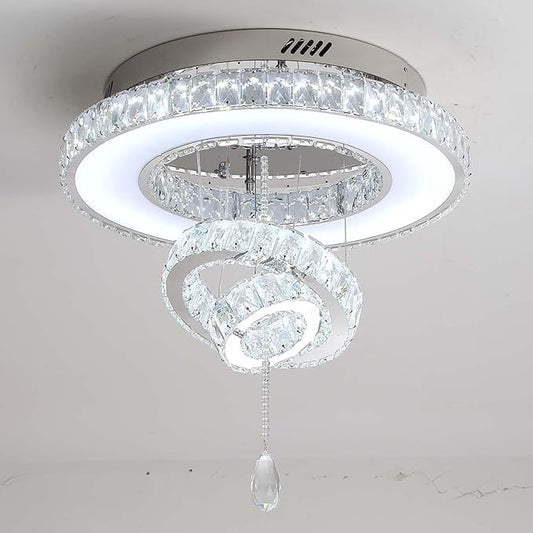 Flashing God Dia 20" Flush Mount Chandeliers Silver Modern Living Room Chandelier LED Crystal Ceiling Light 2 Rings Pendant Light Crystal Chandeliers for Bedroom Dining Room Entryway