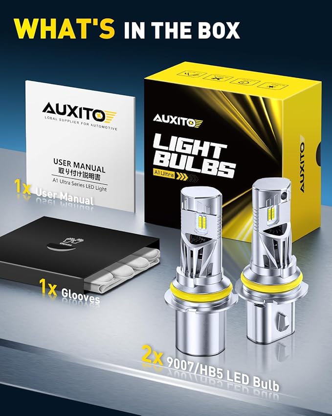 AUXITO Latest 9007 HB5 Head1ight Bulbs, 50,000LM 1000% Ultra-Bright, 20 Years Lifespan, 6500K Cool White, 3 Min Quick Install, No Flicker, 99% Compatibility, Pack of 2