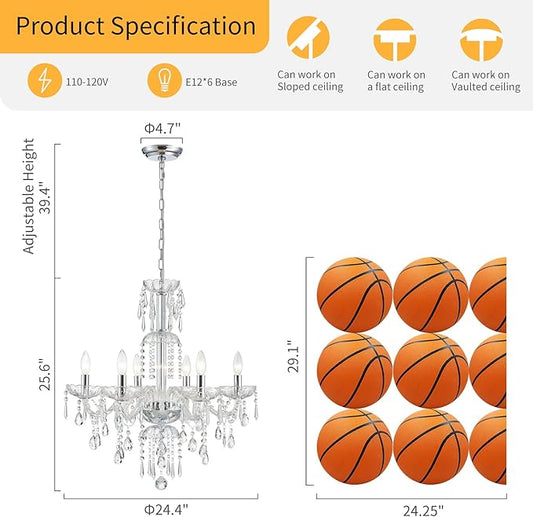 WUZUPS 6-Light Crystal Candle Chandelier Pendant Ceiling Light Modern Lighting Fixture for Bedroom Hallway Bar Kitchen Bathroom, H 25.6" W 24.4", E12 Base, Chrome