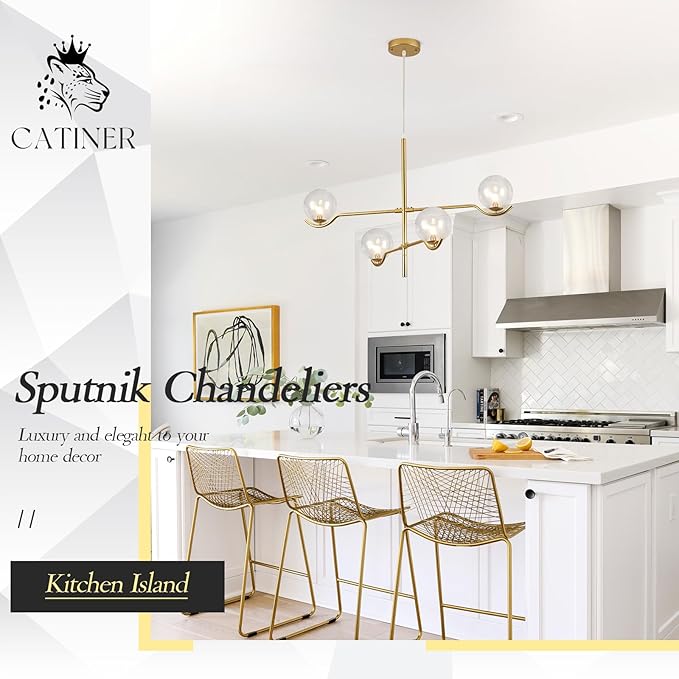CATINER 4 Lights Gold Sputnik Chandelier, Modern Large L31 '' Mid Century Long Ceiling Pendant Light Fixtures with Clear Glass Globe Shades for High Ceiling Living Room Foyer Dining Room Bedroom