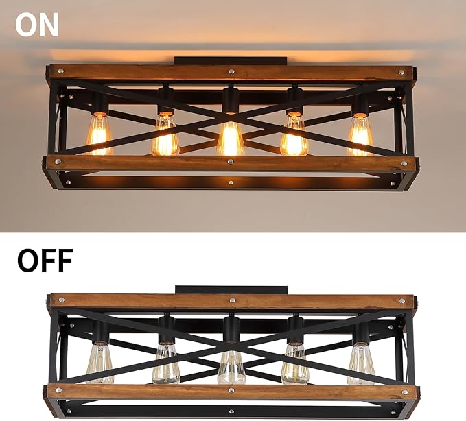 5-Light Large Rustic Farmhouse Wood Flush Mount Ceiling Light Fixture 31.5 inch Oak Wood and Metal Rectangular Track Semi Flush Mount Ceiling Light for Kitchen Living Room Bedroom Indoor, Black