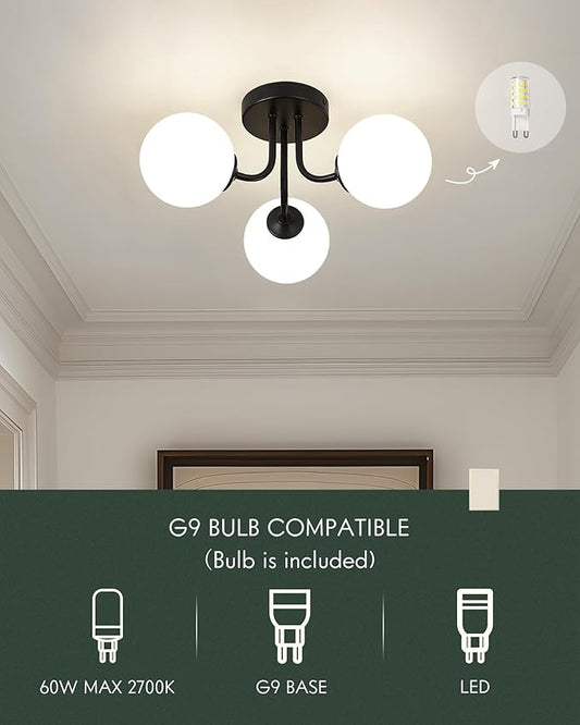 3-Globe Black Flush Mount Ceiling Light in a Modern Farmhouse Design is Ideal for Living Rooms, Bedrooms, or Dining Rooms. Model:CKCL4845-3W-BK,(Bulb Incl)