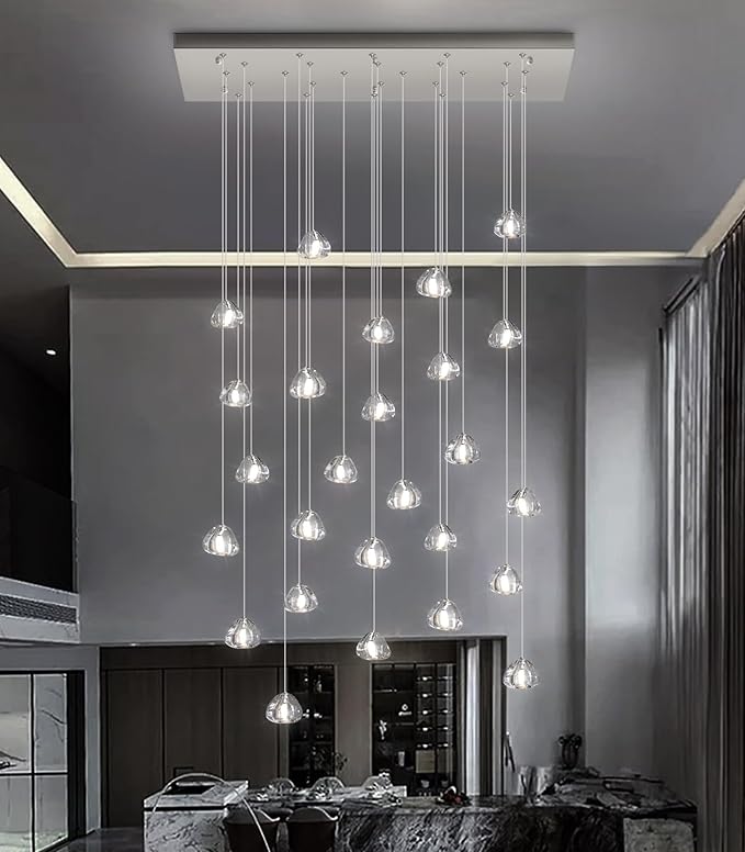 HAIXIANG LED Rectangular Glam Chandeliers for Living Room Dining Room Light Dimmable High Ceiling Pendant Lights Fixtures Lighting 26-Lights Foyer Entryway Lighting Brushed Nickel