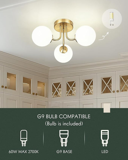 3-Globe Gold Semi Flush Mount Ceiling Light in a Modern Farmhouse Design is Ideal for Living Rooms, Bedrooms, or Dining Rooms. Model:CKCL4845-3W-PG.(Bulb Incl)
