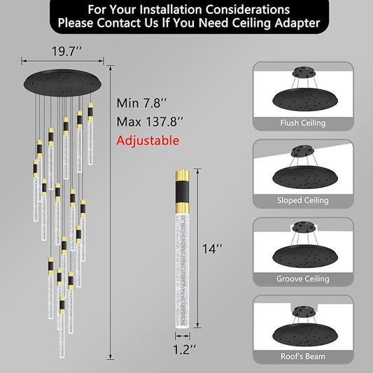 16-Lights 138 Inches Modern Chandelier LED Light Fixtures Adjustable High Ceiling Long Light Chandelier for Hallway Foyer Dimmable Lights with Remote Living Dining Ceiling Pendant Lighting