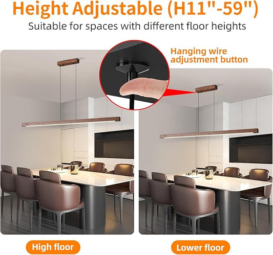 Modern Wooden Pendant Light, 47IN Walnut Wooden Chandelier with Remote Control 3000k-6500K Adjustable Color Temperature,Aluminum Island Lighting Lamp for Dining Room, Living Room