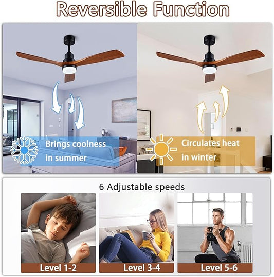 52-inch Ceiling Fan with Remote Control (Illuminated) 3-Blade Carved Wooden Fan Blades Quiet Reversible All-Copper Motor Ideal for Living Rooms, Bedrooms, and Courtyards Black/Walnut Finish