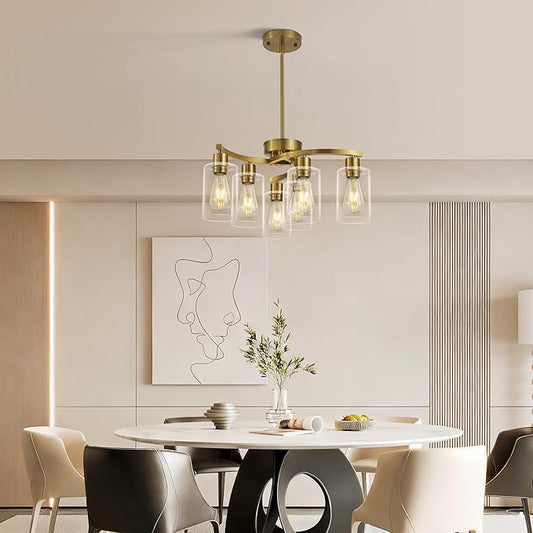 6 Light Gold Dining Room Light Fixture,Modern Farmhouse Kitchen Chandeliers Over Table,Adjustable Height Hanging Pendant Lighting for Kitchen Island ,with Glass Shade