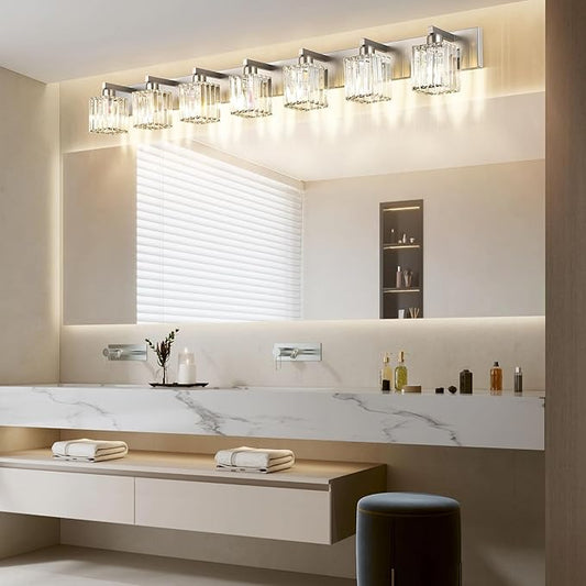 Aipsun Brushed Nickel Bathroom Light Fixtures Crystal Vanity Lighting Fixture Modern Bathroom Vanity Light 7 Light (Exclude Bulb)