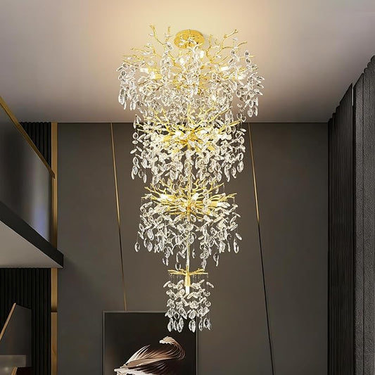 Modern Tree Branch Crystal Chandelier 91" Gold Luxury Large Pendant Lighting 25-Light Contemporary K9 Crystal Chandeliers for Dining Room Kitchen Living Room Foyer Entryway (Gold, H91-Round)
