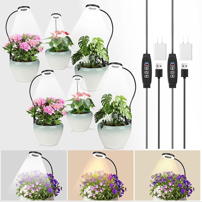 Grow Lights for Indoor Plants - 2 in 1 Grow Lights for Indoor Plants 3 Colors Plant Lights with 360 Gooseneck 48 LEDs Full Spectrum Plant Lights Auto Timer 3/9/12Hrs, 10 Brightness 6 Pack(Black)