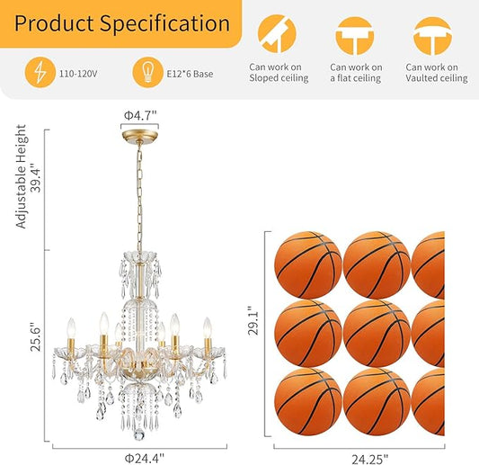 WUZUPS 6-Light Crystal Candle Chandelier Pendant Ceiling Light Modern Lighting Fixture for Bedroom Hallway Bar Kitchen Bathroom, H 25.6" W 24.4", E12 Base, Gold
