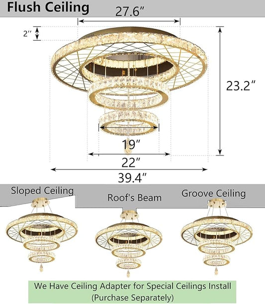 HAIXIANG 40 Inch LED Chandelier, Ceiling Light for Living Room Flush Mount Lighting Fixtures Remote Dimmable, Compatible with Sloped Dome Ceiling Install, Gold