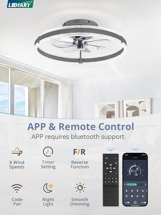 LEDIARY Ceiling Fans with Lights and Remote, 20'' Low Profile Ceiling Fan with Light, 3000-6000K Dimmable Fandelier Ceiling Fans, Modern Flush Mount Fan Light for Bedroom with 6 Wind Speeds-Sandy Gray