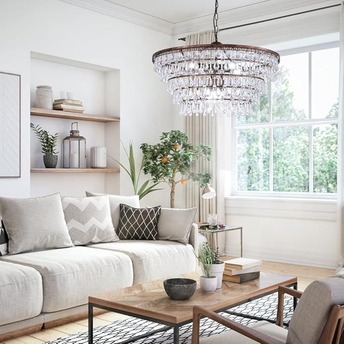 Wellmet Crystal Chandelier Farmhouse 5 Tiers Crystal Light Fixtures Hanging Modern Bronze Ceiling Pendant Light, Chandeliers for Dining Room, Kitchen Island, Bedroom, Foyer, Entryway, Bar, W28-inch