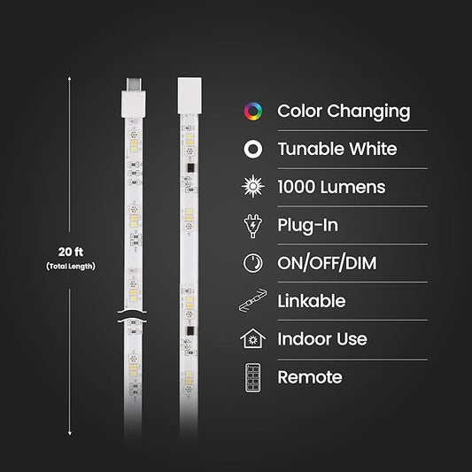 Feit Electric 20FT Smart LED Strip Light, Chasing RGB + Tunable White, App & Remote Control, Alexa & Google Home Compatible, Linkable & Cuttable Tape Light, TAPE20/CHASE/AG