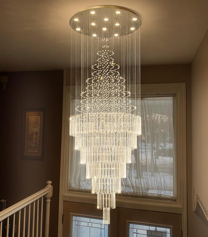 HAIXIANG W32 x H120 Glam Chandelier with LED Bulbs Crystal Raindrop High Ceiling Pendant Light for Entrance Large Villa Chandelier Foyer Lighting Fixtures Gold