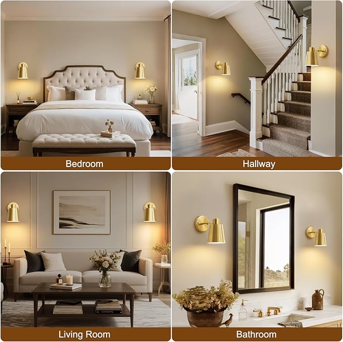 Gold Battery Operated Wall Sconces Set of Two with Remote, Rechargeable Battery Powered Wall Lights, 3 Color Temperature, Dimmable, Modern Wireless Wall Lamps for Bedroom Living Room Hallway