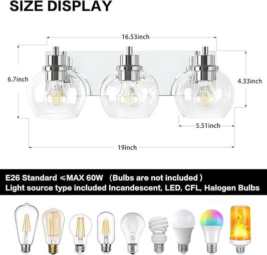 Tuscarora Chrome Vanity Light Fixture - 3 Light Bathroom Vanity with Clear Glass Shade - Light Over Mirror for Bathroom Lighting
