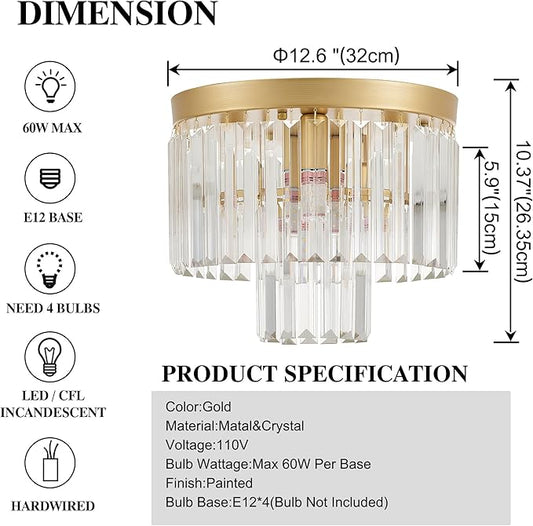 12.6" Gold Crystal Modern Crystal Ceiling Light Fixture, 2-Tier Luxury K9 Crystal, for Dining Room, Kitchen, Island, Living Room, Bedroom