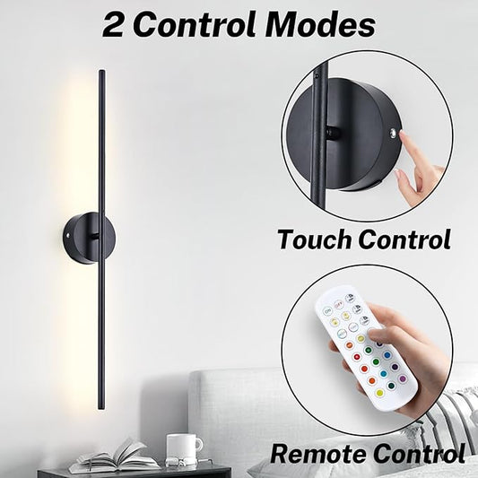 8000mah Detachable Battery Operated Wall Sconces Set of two, 32 Inch Rechargeable Wall Sconce With Remote & Touch, RGB 15 Colors Dimmable Wireless lamp for Bedroom, Living Room, Hallway Decor, Black