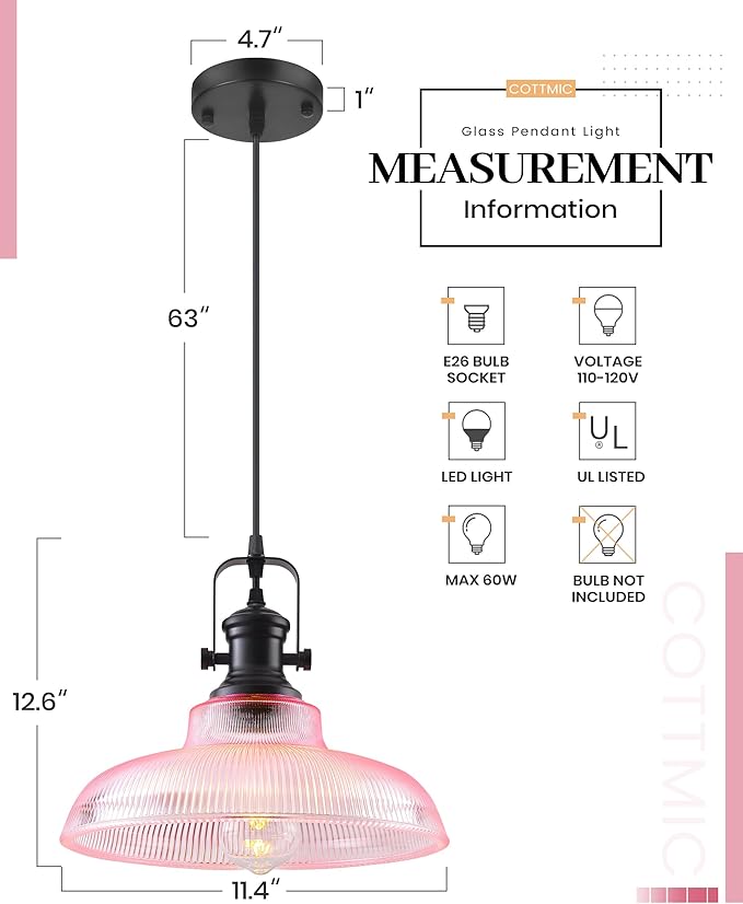 Pink Glass Pendant Lights Kitchen Island, 12in, Ribbed Glass Kitchen Pendant Lights Fixture, Farmhouse Pendant Lighting for Dining Room Bedroom Bar Sink, 1 Pack