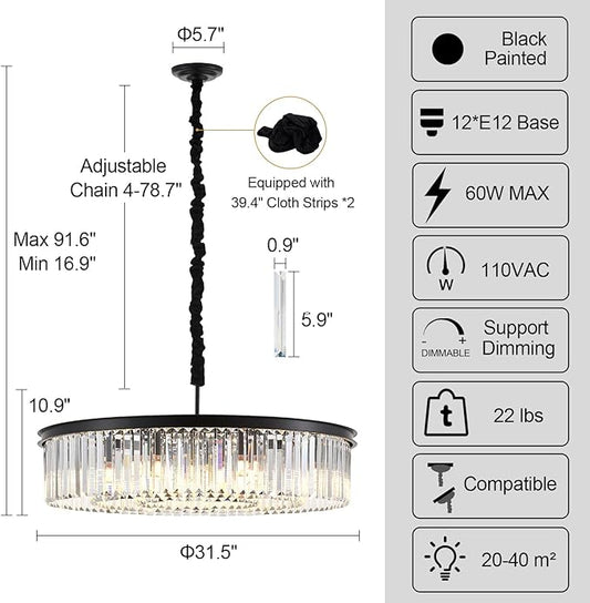 31.5" 12-Light Modern Crystal Chandelier Light Fixtures 3 Rings Black Luxury Chandeliers for Living Room Glam Round Hanging Ceiling Pendant Lighting for Entryway Kitchen Bedroom Dining Room