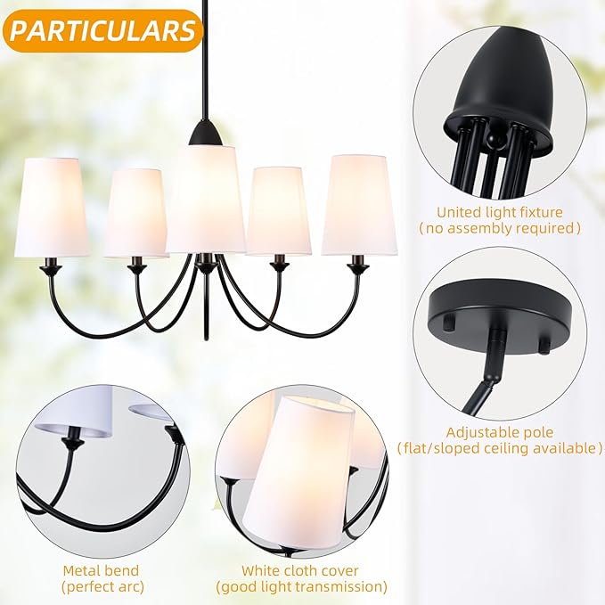 Black Chandelier,5-Light Vintage Farmhouse Chandeliers for Dining Room with White Fabric Shade,30" Modern Industral Chandelier Light Fixture for Bedroom Foyer Porch Living Room Kitchen entryway