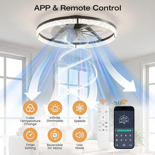 StarryEver Ceiling Fans with Lights and Remote, 24 Inch Modern Smart Ceiling Fan, 6 Speeds and 3000K-6500K Dimmable LED Fan Light, Low Profile Ceiling Fan for Bedroom, Living Room, Dining Room, Black