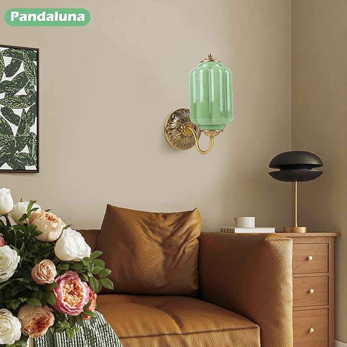 Vintage Wall Sconce, Green Milk Glass Light Fixture, 5.5In Art Deco Antique Wall Sconce for Bedroom Bathroom Living Room Hallway Entryway, E12 LED Bulb Included, Antique Gold & Green 1 Pack