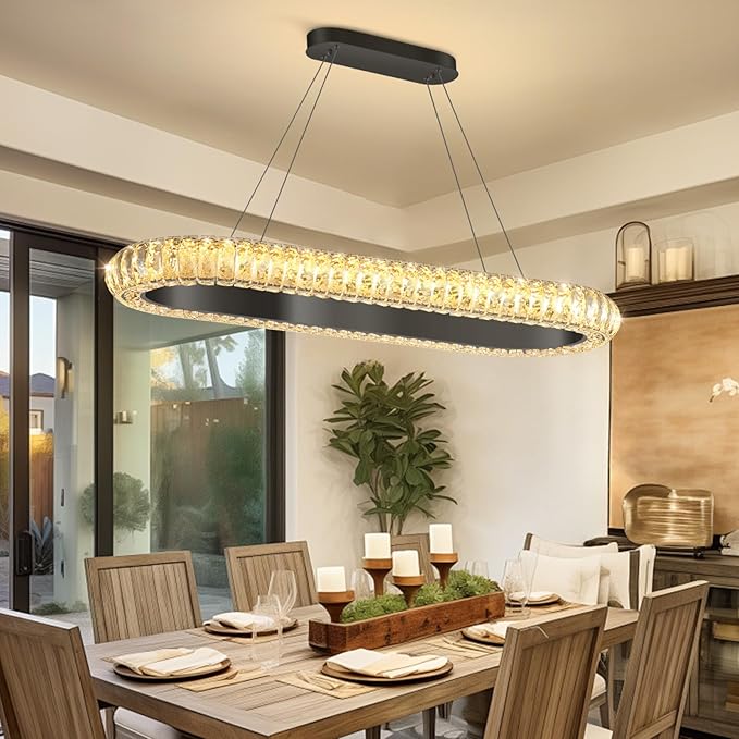32'' Oval Ring Crystal Chandelier Modern LED Dimmable Ring Pendant Light Chandelier for Dining Room Living Room Black