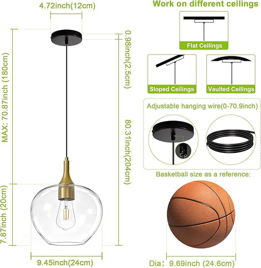 Glass Pendant Lights Kitchen Island, 9.45'' Black Gold Pendant Lighting Fixtures, Modern Hanging Ceiling Light with Clear Glass Shade for Farmhouse Dining Room Bedroom Hallway(1 Pack)