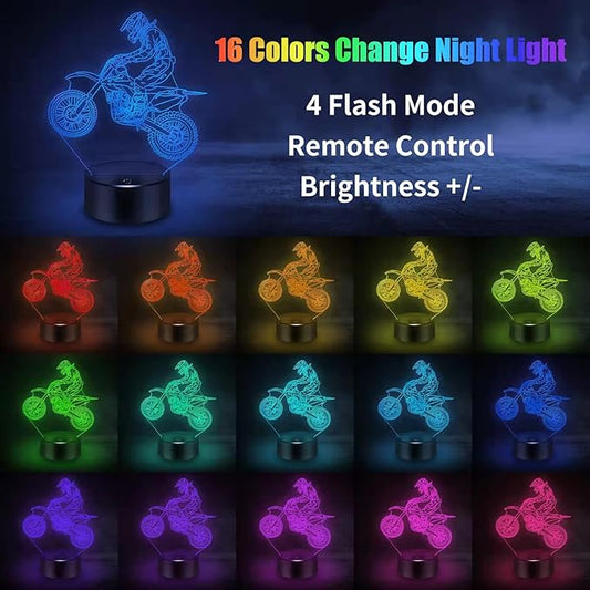 BASSI Dirt Bike Gift 3D Night Light, 16 Colors Changes Remote Control Motorcycle Lamp, LED Dirtbike Decor Toys for Boys Girls Room Birthday Xmas for Kids…