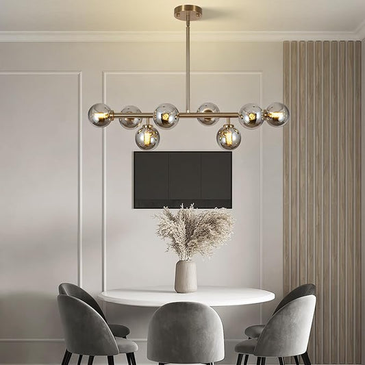 Sputnik Chandelier Gold Pendant Linear Light Modern Mid Century Light Fixture Grey Globe Shade for Dining Living Room Kitchen Island 8-Light